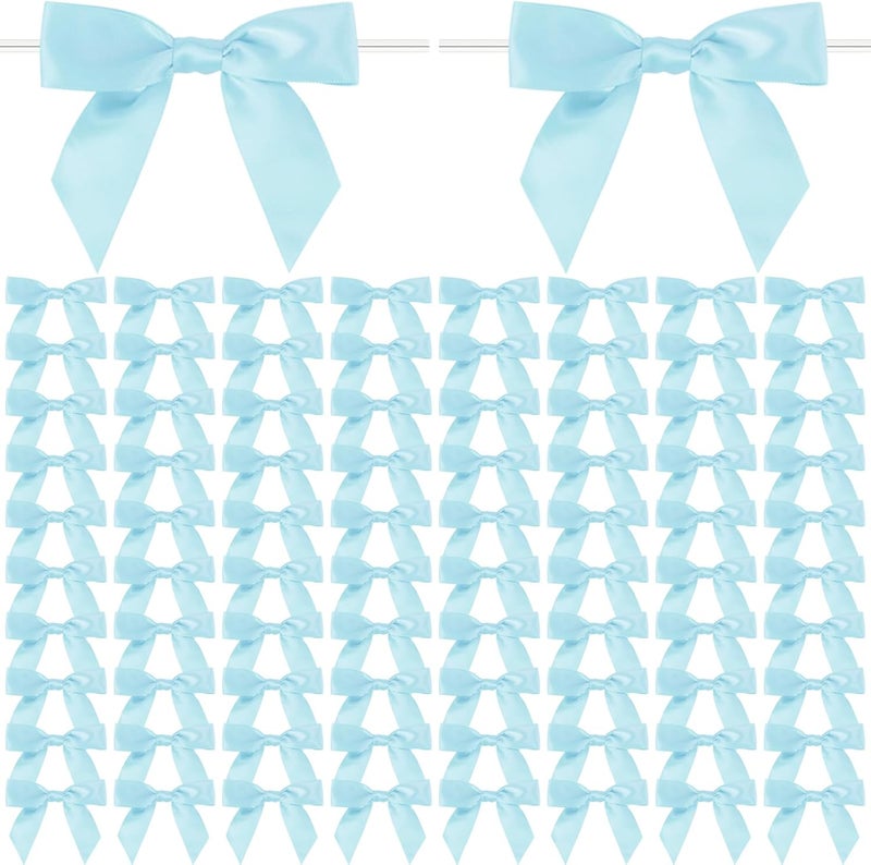 Adodotoe Light Blue Twist Tie Bows, 100 Pcs Satin Twist Tie Bows for Treat Bag Satin Ribbon Tie Bows for Tying Up Packages Present Bags Bakery Candy Bags Decorating Ribbon Bow Gift Wrap Bows - Image 1